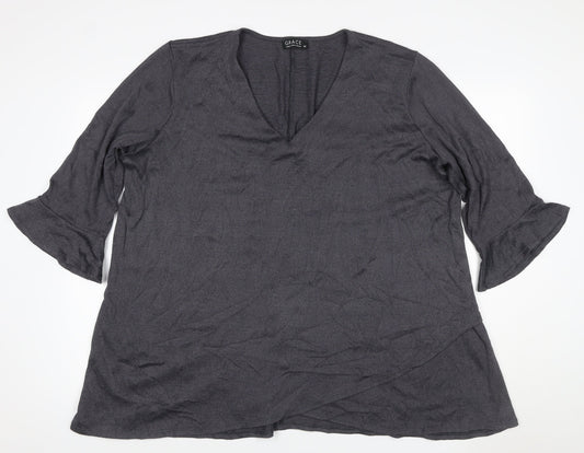 Grace Women’s Grey Size 22 V-Neck Bell Sleeve Stretch Blouse Top
