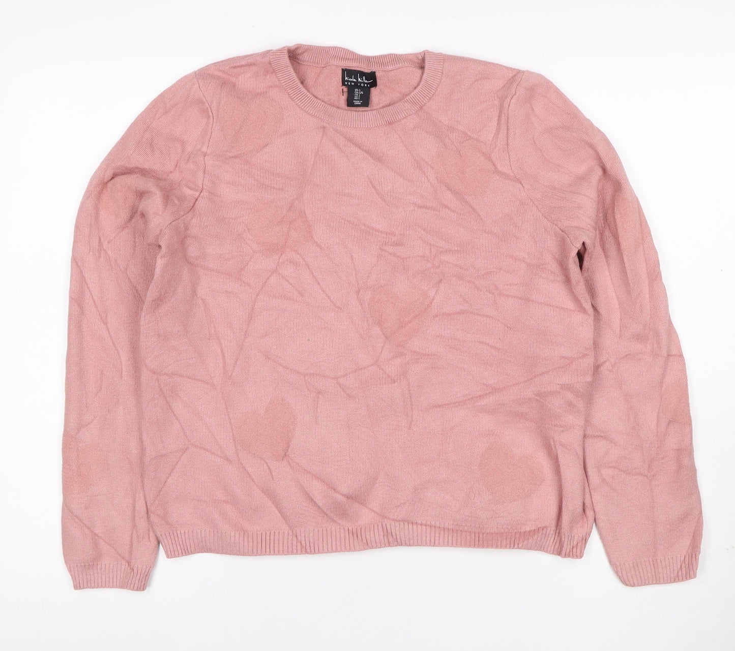 Nicole Miller Women Pink L Heart Crew Neck Knit Pullover Jumper