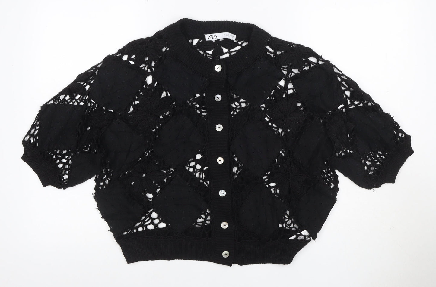 Zara Women Black M Floral Crochet Short Sleeve Button Cardigan