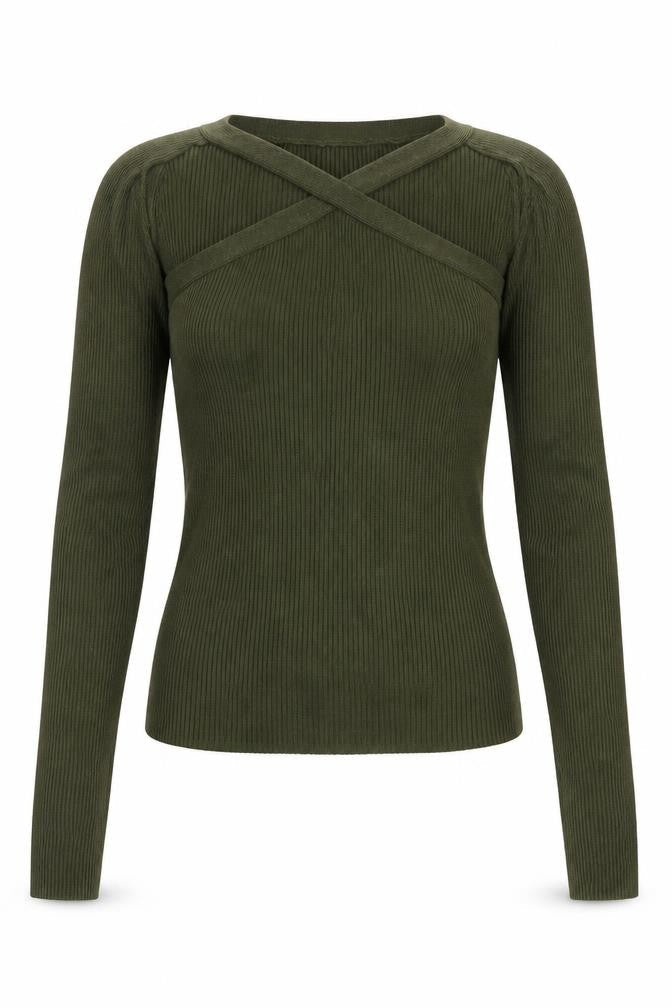 Stradivarius Women’s Green M Rib Knit Strap V-Neck Slim Pullover Jumper