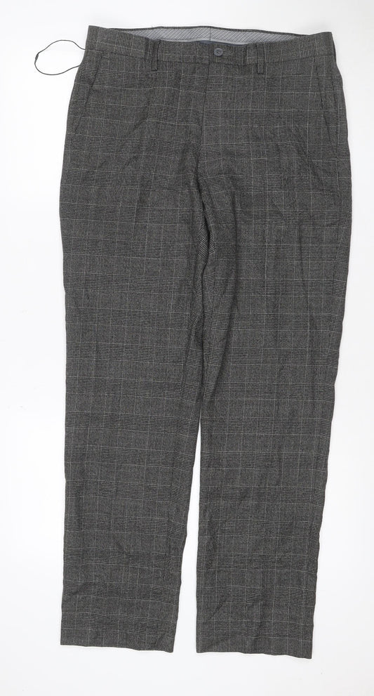 Marks and Spencer Men Grey 32 Regular Check Flat Front Dress Trousers