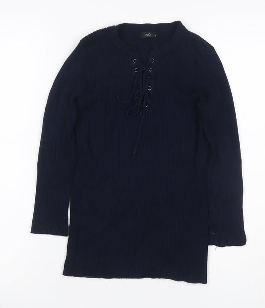 M&Co Women Blue Size 10 Ribbed Lace Up Long Sleeve Tunic Jumper