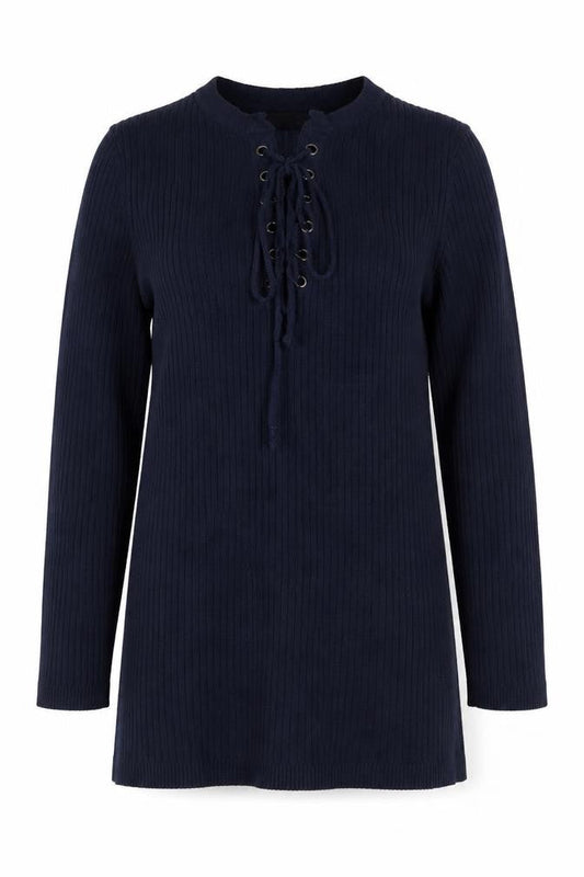 M&Co Women Blue Size 10 Ribbed Lace Up Long Sleeve Tunic Jumper