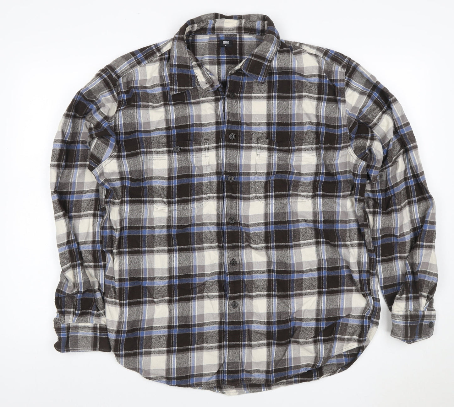 Uniqlo Men's XL Blue Grey Plaid Flannel Button-Up Shirt