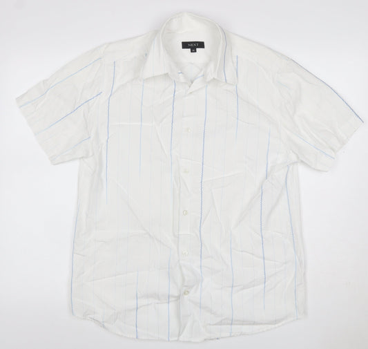 Next Men’s White Blue Stripe Cotton Short Sleeve Button-Up Shirt M