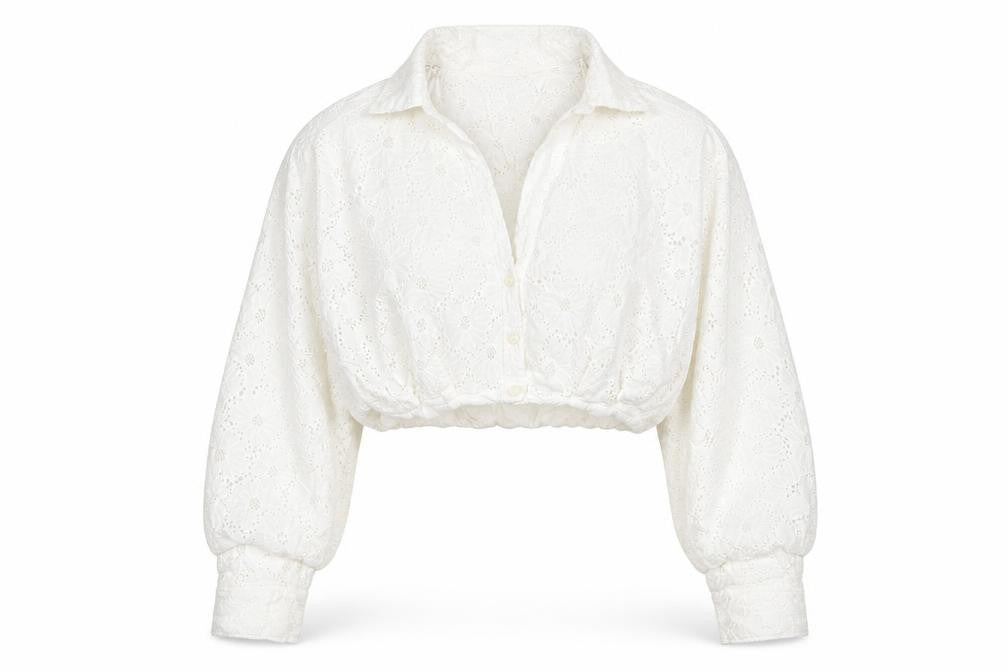 Zara Women White S Cropped Floral Broderie Anglaise Button-Up Blouse