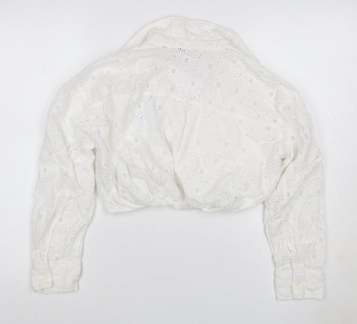 Zara Women White S Cropped Floral Broderie Anglaise Button-Up Blouse