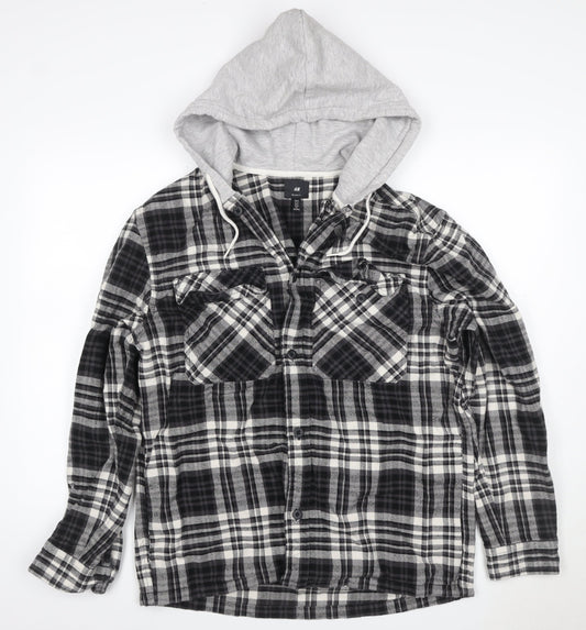 H&M Men’s Black Grey Plaid Hooded Shacket Jacket Size M