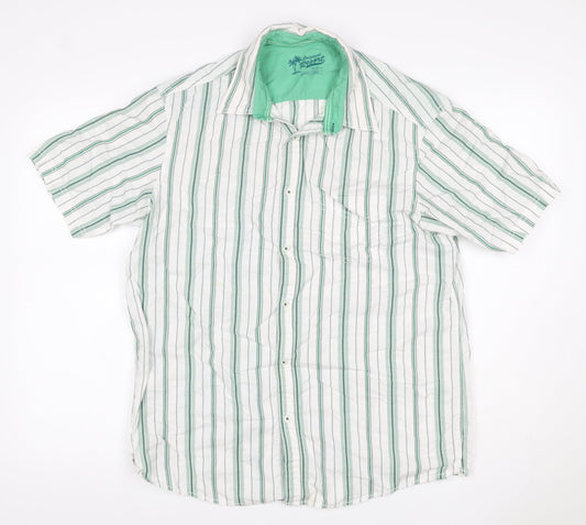 Marks and Spencer Men White Green Striped Cotton Resort Shirt M