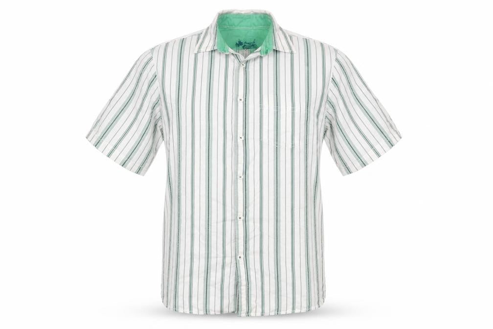 Marks & Spencer Men White Green Striped Cotton Resort Shirt M