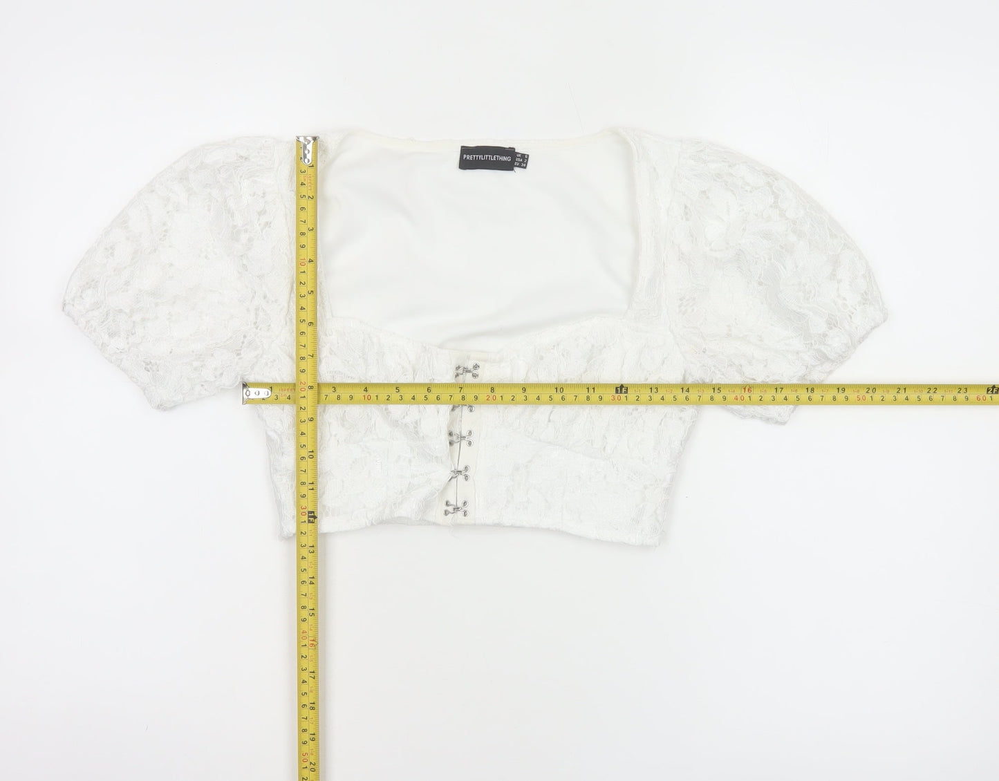 PrettyLittleThing Women White UK 6 Cropped Lace Puff Sleeve Blouse