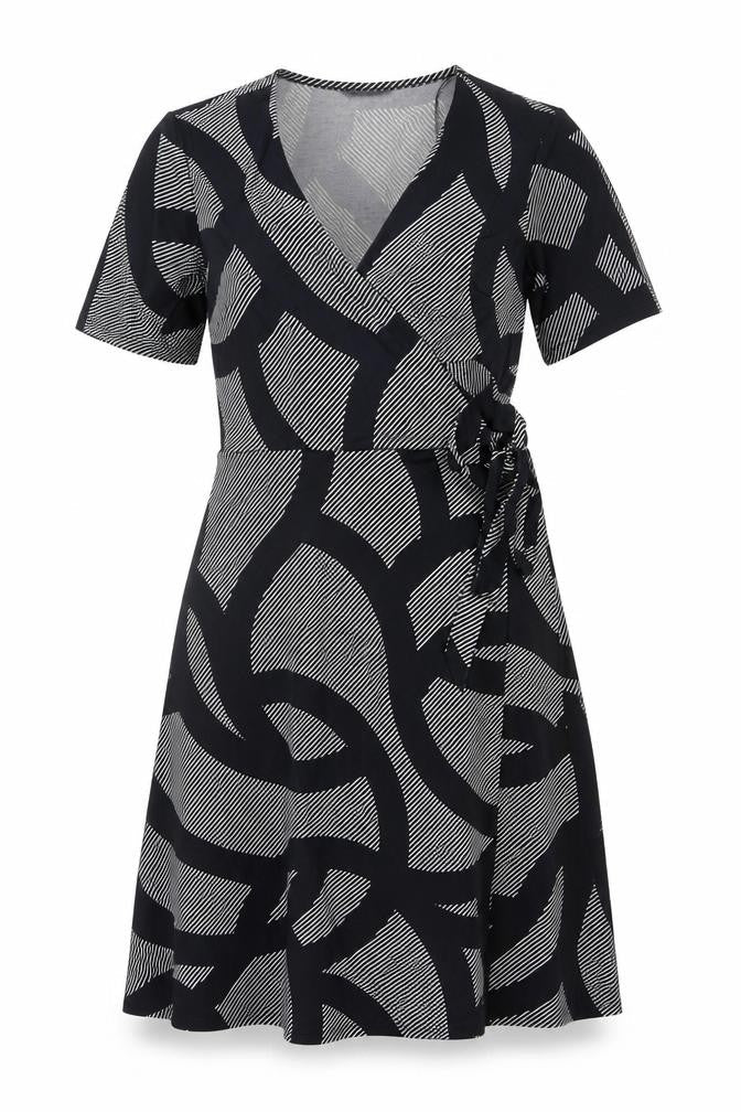 H&M Women Black Geometric Print Wrap Midi Dress Size M Tie Belt