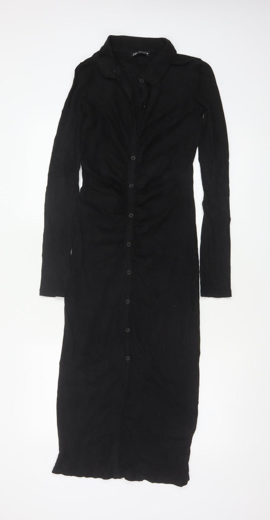 Zara Women Black M Long Shirt Dress Collared Stretch Button Front