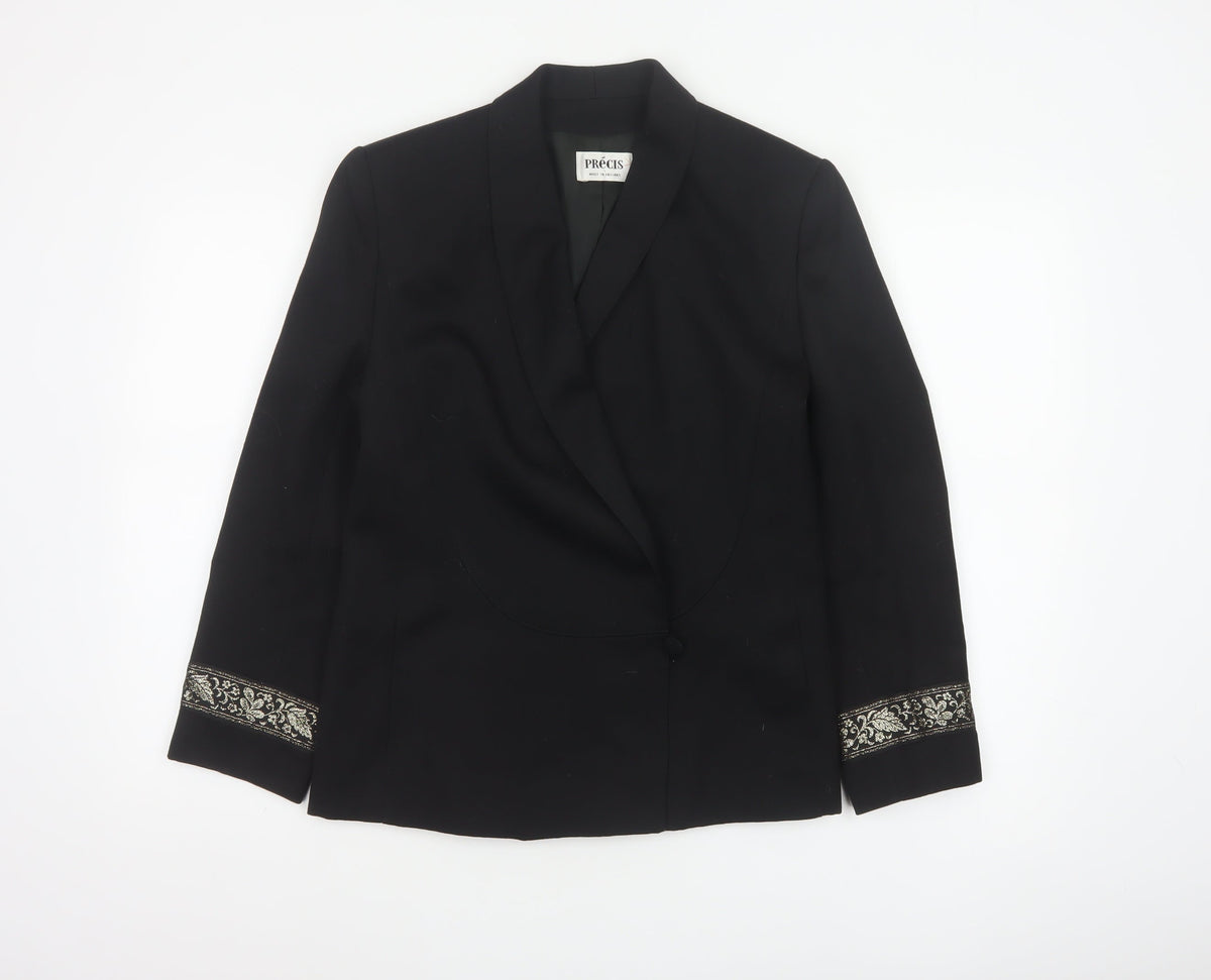 Precis Women Black UK 10 Tuxedo Blazer Wool Gold Floral Cuff Vintage