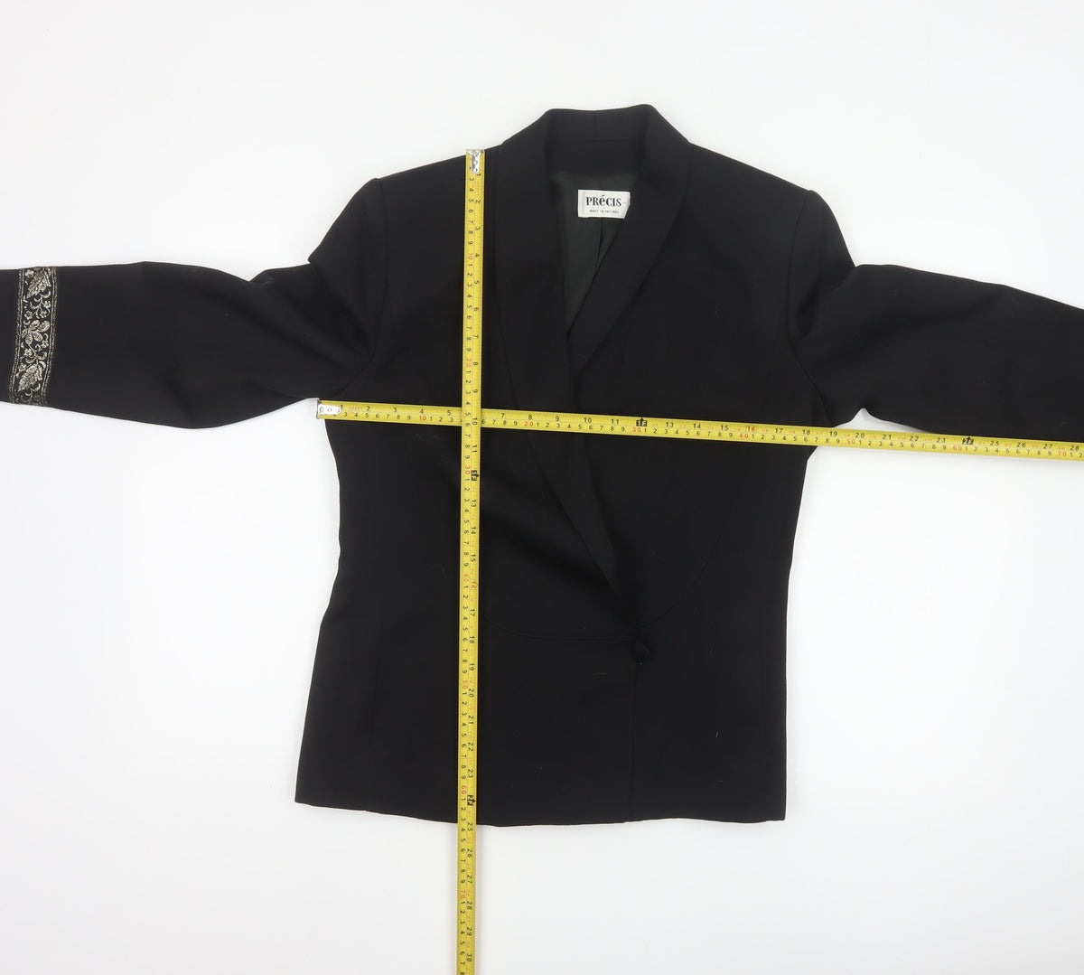 Precis Women Black UK 10 Tuxedo Blazer Wool Gold Floral Cuff Vintage