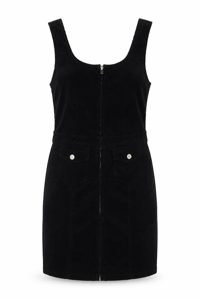 Denim Co Women Black UK 14 Corduroy Pinafore Mini Zip Dress