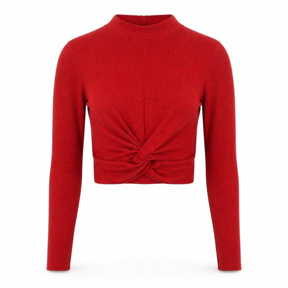 Pull&Bear Women Red S Cropped Twist Front Mock Neck Knit Top