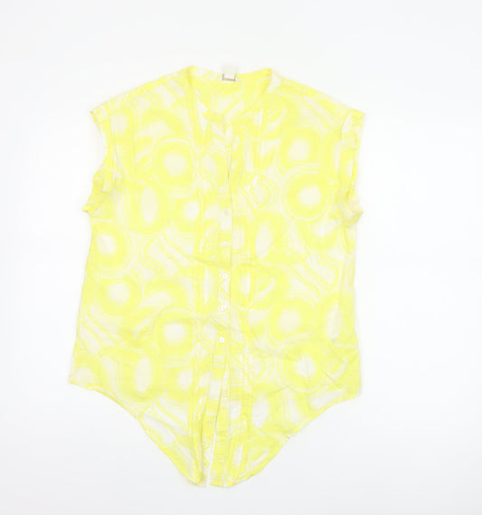 Monsoon Women Yellow UK 12 Geometric Cotton Short Sleeve Button-Up Blouse