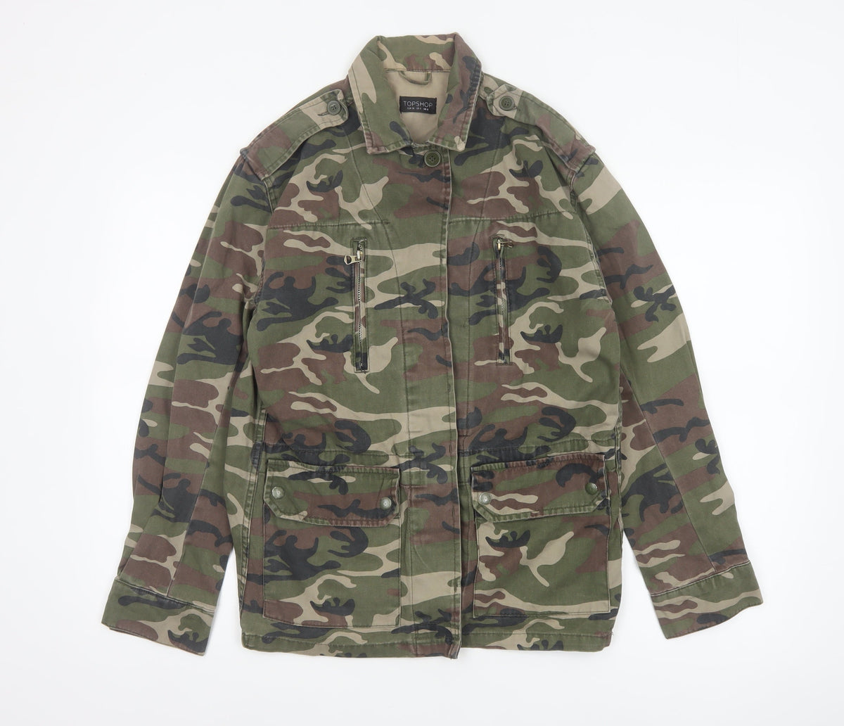 Topshop Women Green UK 8 Camouflage Cotton Military Jacket