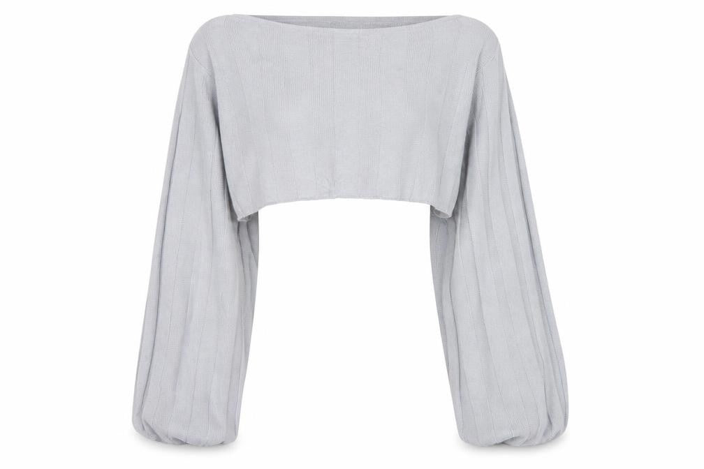 Lasula Women Grey S Cropped Square Neck Knit Jumper Bell Sleeve