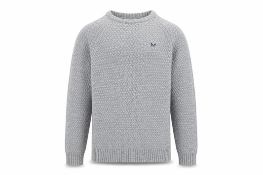 Front view of Crew Clothing Men's Grey L Cable Knit Lambswool Blend Jumper