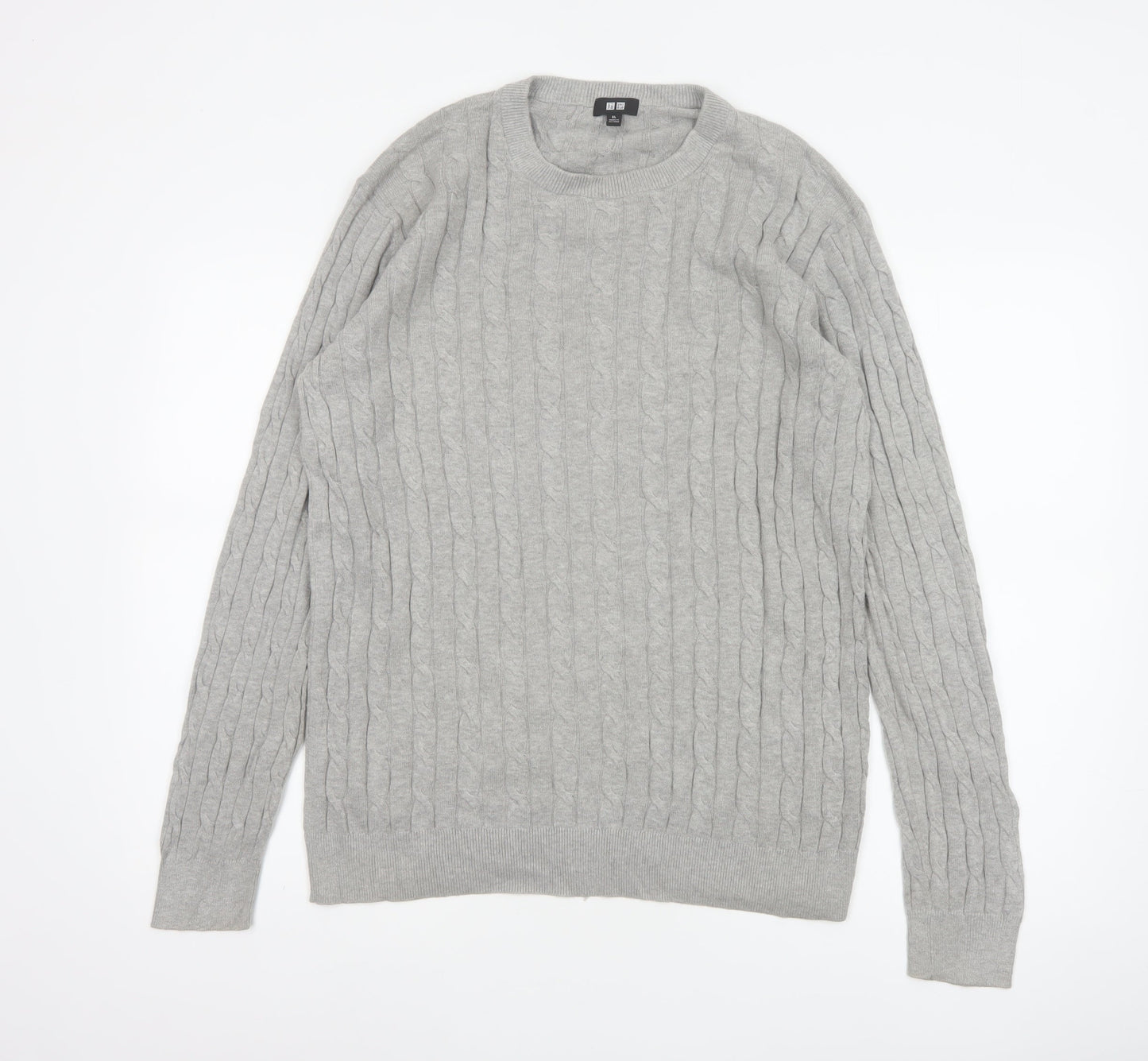 Uniqlo Men Grey XL Cable Knit Cotton Cashmere Crew Neck Pullover Jumper