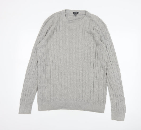 Uniqlo Men Grey XL Cable Knit Cotton Cashmere Crew Neck Pullover Jumper
