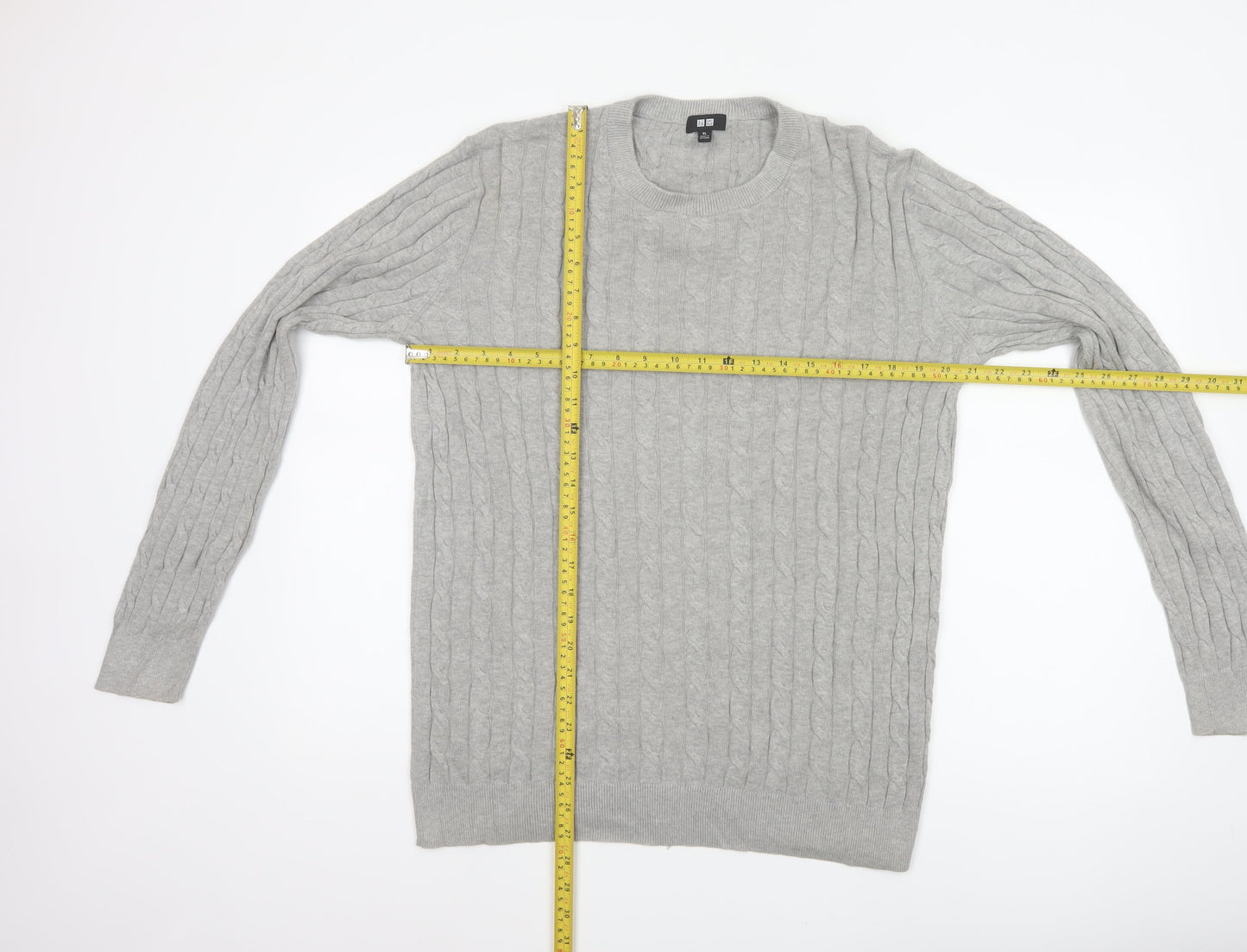 Uniqlo Men Grey XL Cable Knit Cotton Cashmere Crew Neck Pullover Jumper