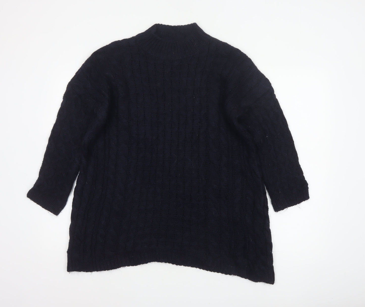 Zara Knit Women Blue M Cable Knit High Neck Alpaca Wool Blend Jumper
