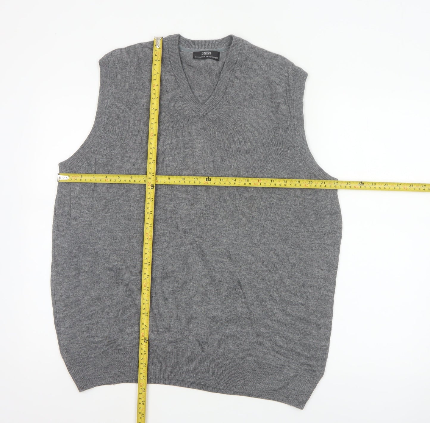 Marks & Spencer Men Grey M Pure Wool V-Neck Knitted Jumper Vest