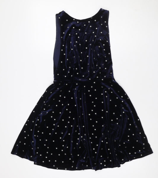 Topshop Women Blue UK 6 One Shoulder Velvet Star Skater Mini Dress