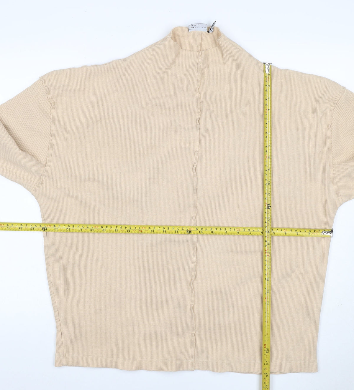 Close-up detail of ASOS Men’s Beige XL Waffle Knit Mock Neck Pullover Sweatshirt