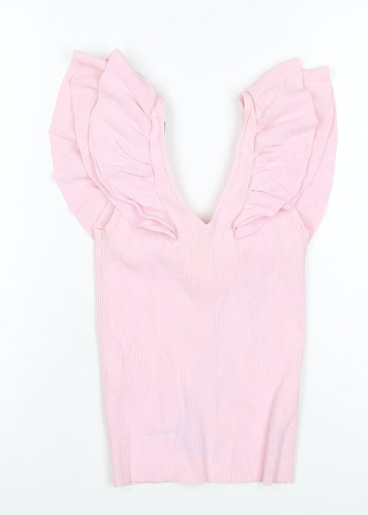 River Island Women Pink Size 10 Rib Knit Ruffle V-Neck Top