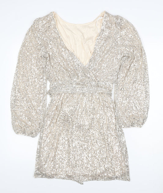 Apricot Women Silver Sequin Wrap Dress UK 10 Long Balloon Sleeve