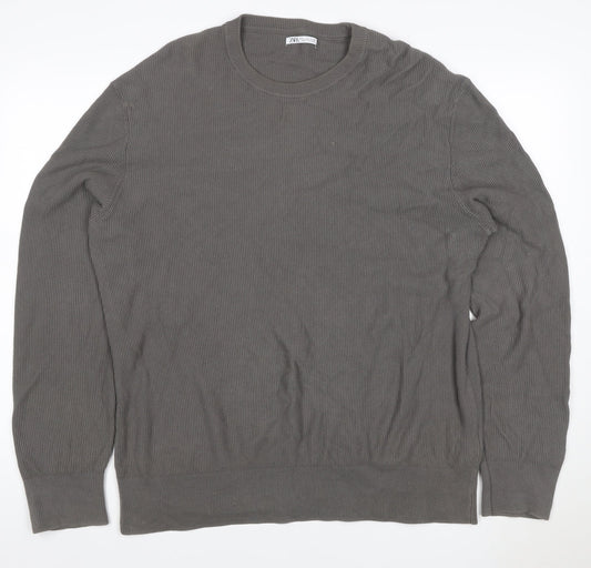 Zara Men Grey XL Cotton Crew Neck Fine Knit Pullover Jumper