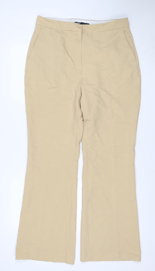 Zara Women Beige XL Wide Leg Tailored Trousers Stretch Pockets
