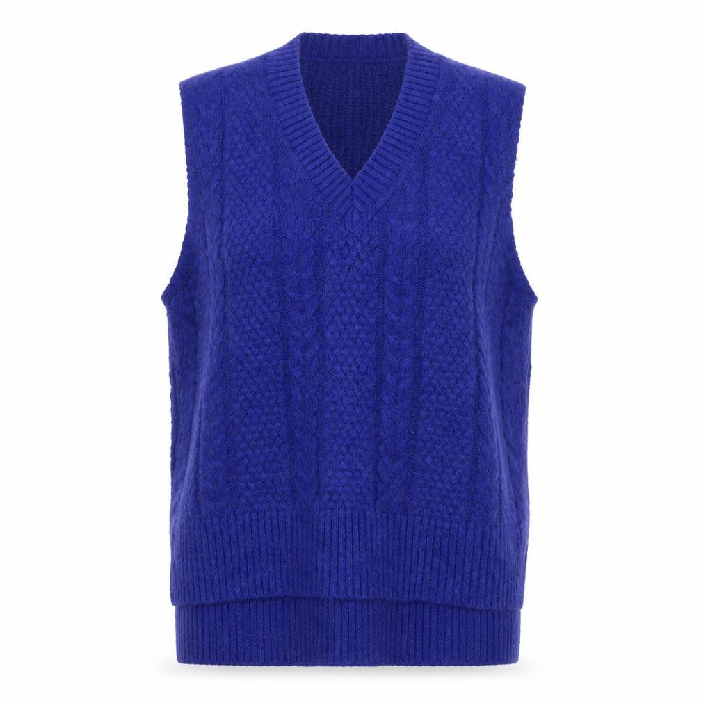 Marks & Spencer Women Blue L Cable Knit V-Neck Sleeveless Jumper Vest