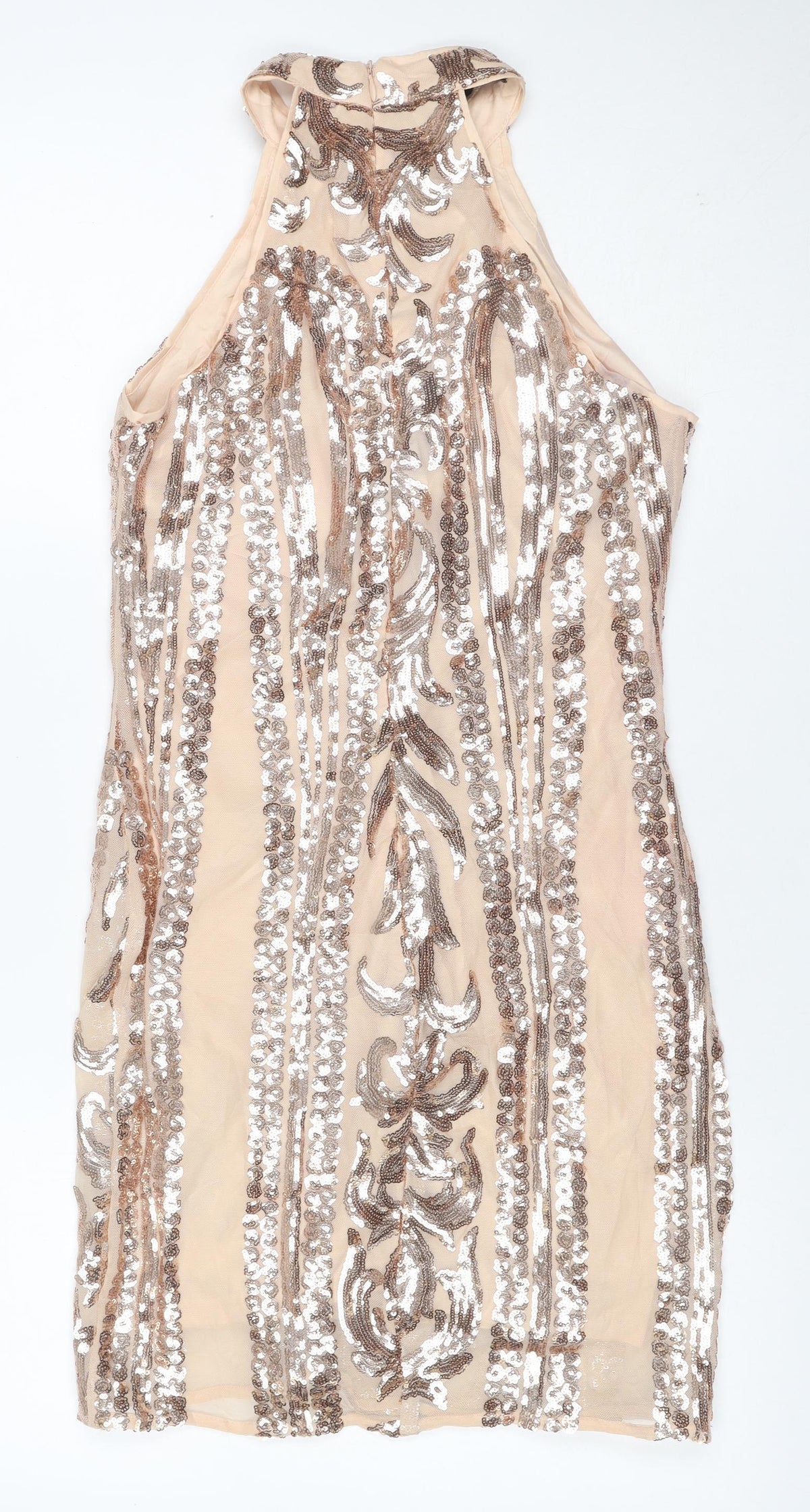 Parisian Women Beige Sequin Floral Bodycon Mini Party Dress UK 10