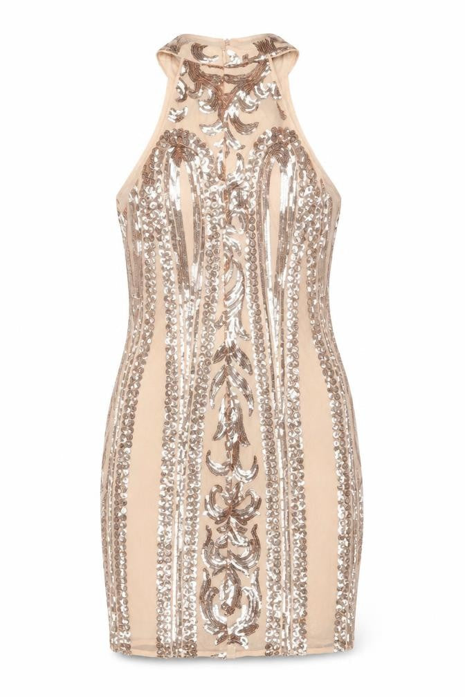 Parisian Women Beige Sequin Floral Bodycon Mini Party Dress UK 10