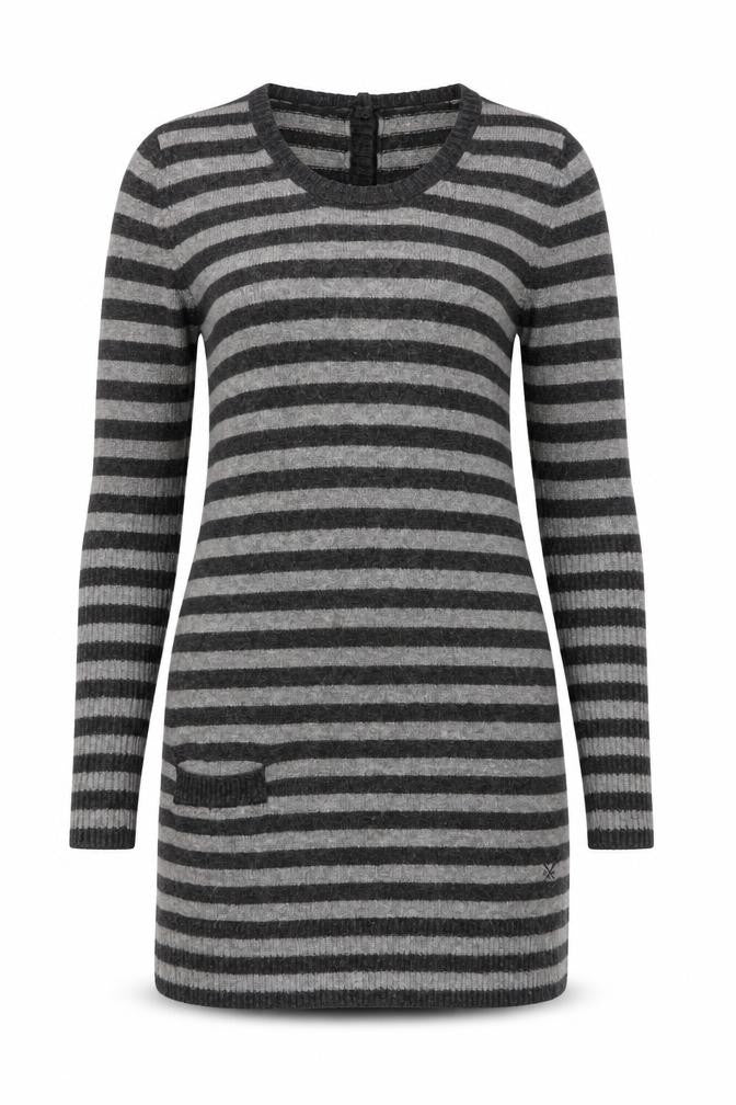 Front view of Crew Clothing Women Grey Stripe, size 10, Cowl Neck Jumper Dress