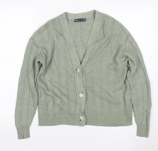 Marks & Spencer Women Green M Cable Knit V-Neck Button Cardigan