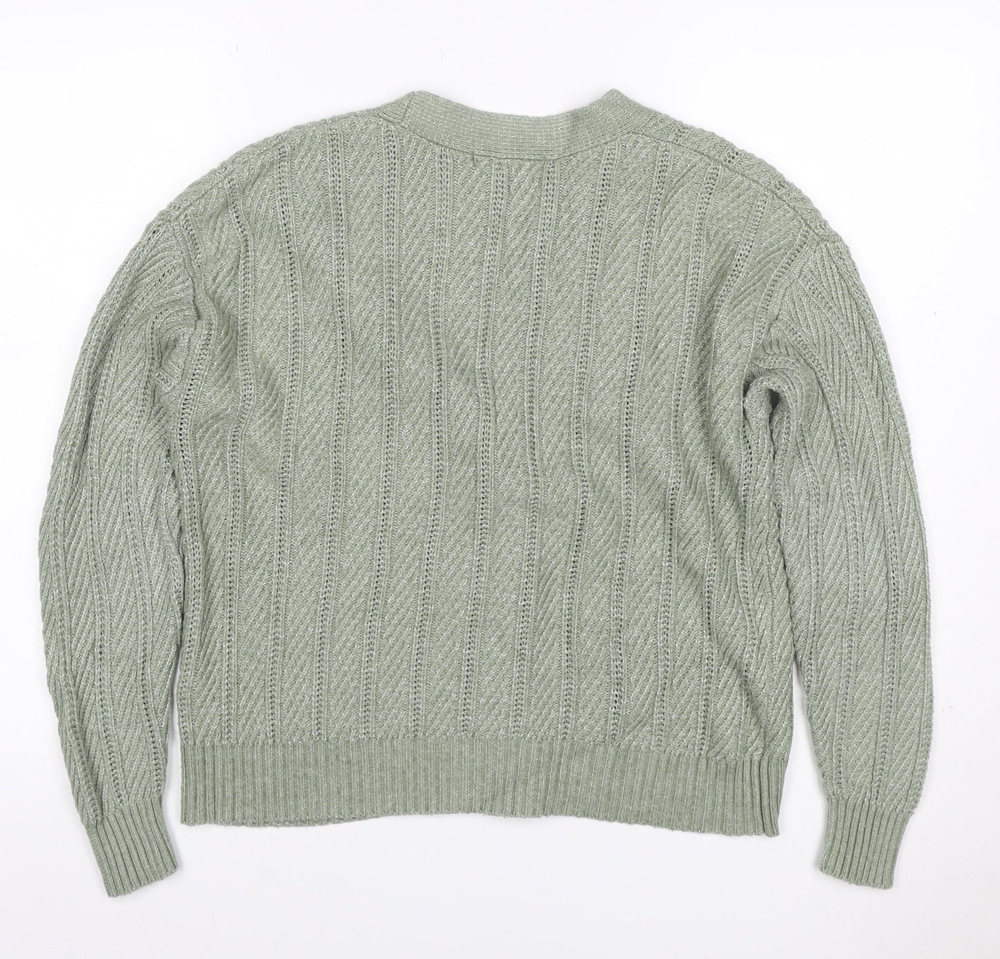 Marks & Spencer Women Green M Cable Knit V-Neck Button Cardigan