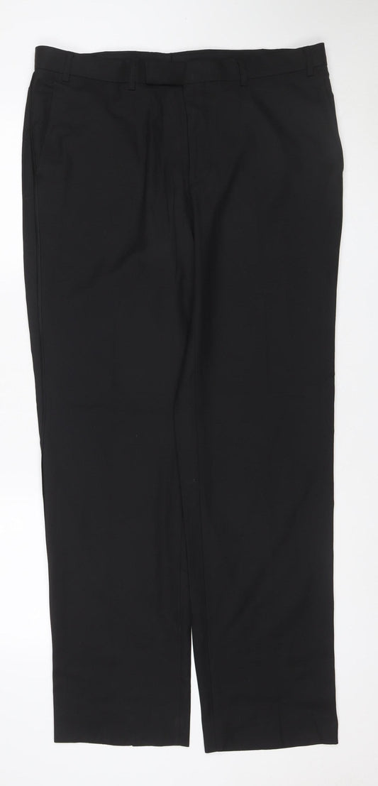 Marks and Spencer Men Black 36 33 Flat Front Straight Dress Trousers