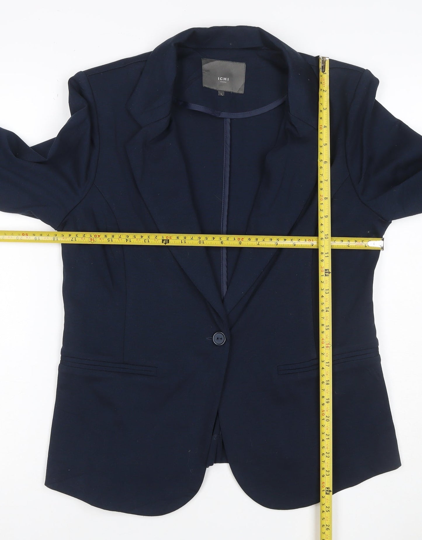 ICHI Women Blue L Single-Breasted Stretch Blazer Business Jacket