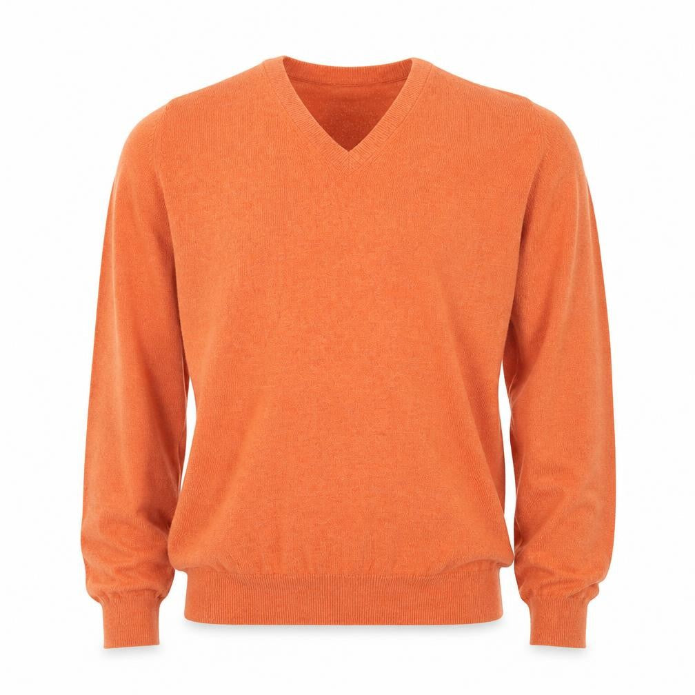 Woolovers Men’s Orange Cashmere Cotton V-Neck Pullover Jumper M