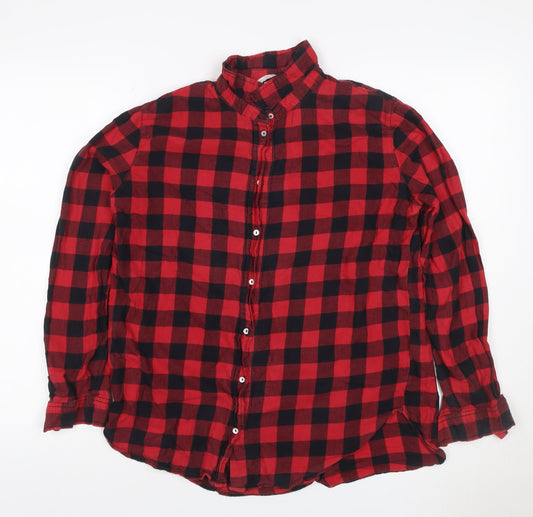 H&M Women Red Black Check Cotton Button-Up Shirt UK 12 Long Sleeve