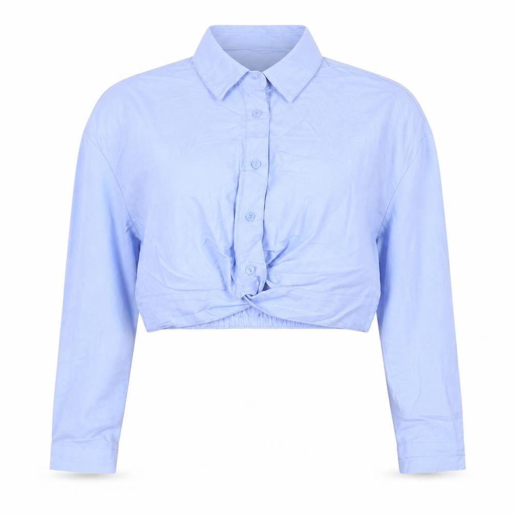 Bershka Women Blue M Cropped Button-Up Long Sleeve Cotton Shirt