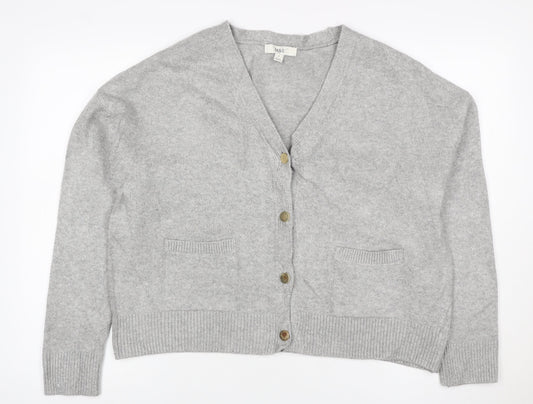 Marks and Spencer Women Grey M V-Neck Button Pocket Knit Cardigan