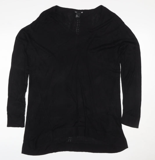 H&M Women Black M V-Neck Long Sleeve Rhinestone Knit Tunic Jumper