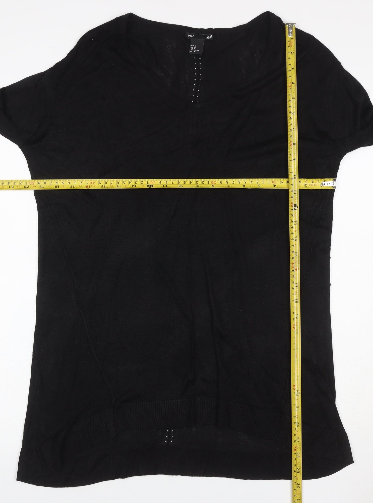 H&M Women Black M V-Neck Long Sleeve Rhinestone Knit Tunic Jumper